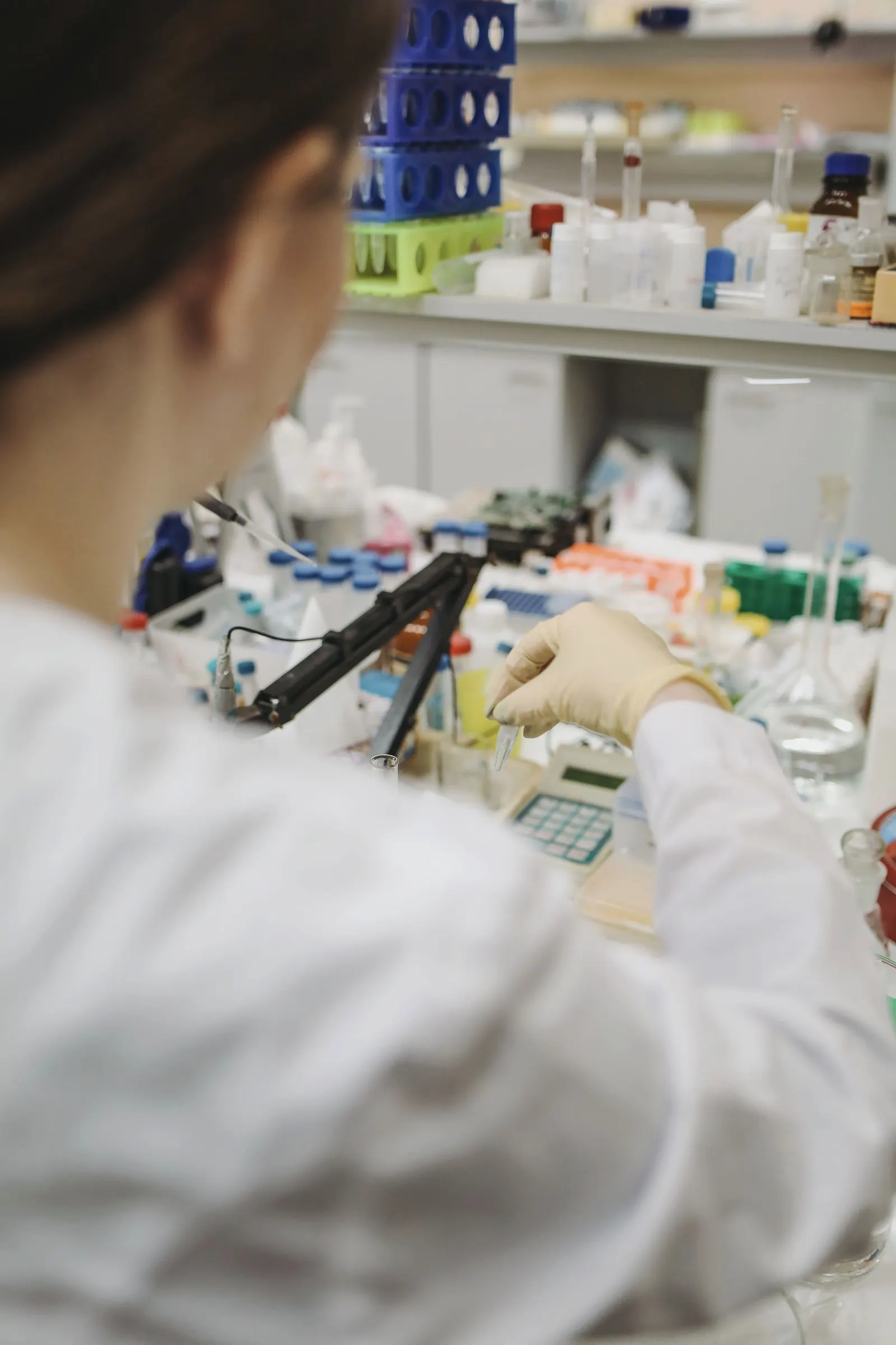 Seen over her shoulder, a researcher in gloves works with instruments at a crowded lab bench.